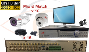 CCTV HD Security Camera System 5 in 1 5MP Standalone 16 Port DVR with 5MP HD Coax Cameras, Cables, HDD and Monitor